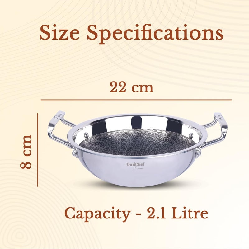 Omichef مقلاة أوميشيف ثلاثية الطبقات مع غطاء فولاذي | متوسطة 22 سم، 2.1 لتر، 1.46 كجم | مقلاة صديقة لل induction | جسم غير لاصق ثلاثي الطبقات، مع طلاء غير سام غير لاصق ومقابض فاخرة - Image 3