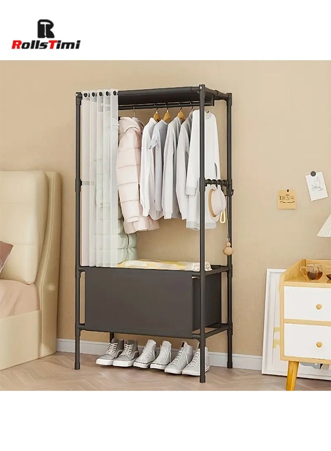 RollsTimi  Portable Hanging Wardrobe Organizer with 3 Shelves, Dust Cover, and Storage Box for Coats and Clothes, Ideal for Bedroom Storage,Black - Image 3