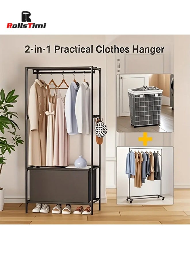 RollsTimi  Portable Hanging Wardrobe Organizer with 3 Shelves, Dust Cover, and Storage Box for Coats and Clothes, Ideal for Bedroom Storage,Black - Image 1