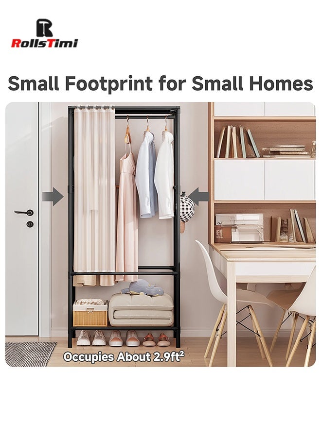 RollsTimi  Portable Hanging Wardrobe Organizer with 3 Shelves, Dust Cover, and Storage Box for Coats and Clothes, Ideal for Bedroom Storage,Black - Image 4