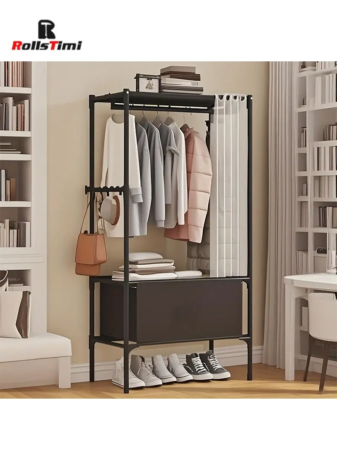 RollsTimi  Portable Hanging Wardrobe Organizer with 3 Shelves, Dust Cover, and Storage Box for Coats and Clothes, Ideal for Bedroom Storage,Black - Image 2