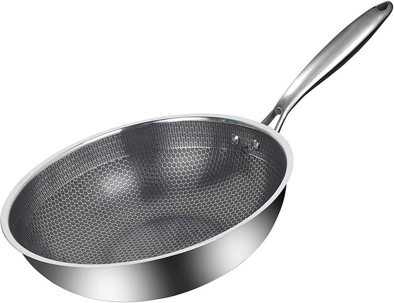 ZLASS Stainless Steel Wok, round bottom non-stick honeycomb wok with anti-scalding handle, suitable for family restaurant cooking pots on all stoves, 32cm/12.5in - Image 1