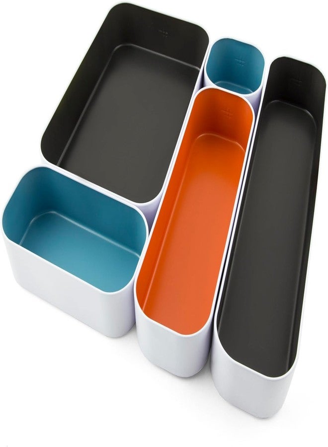 Three by Three Seattle 5 Piece Metal Organizer Tray Set for Storing Makeup, Stationery, Utensils, and More in Office Desk, Kitchen and Bathroom Drawers (2 Inch, Multicolor) - Image 1