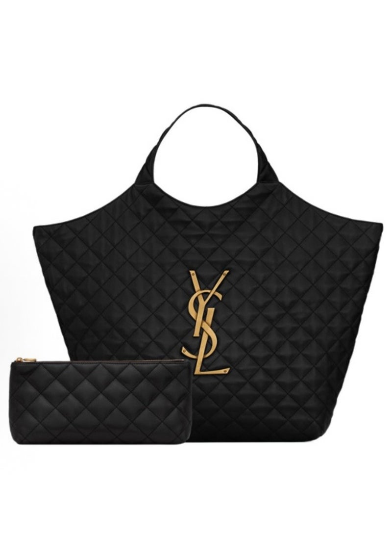 YSL woven elements, distressed triangular messenger bag, sheepskin, basket-shaped tote bag, shopping bag, single shoulder bag, oversized, women's style, black color - Image 1