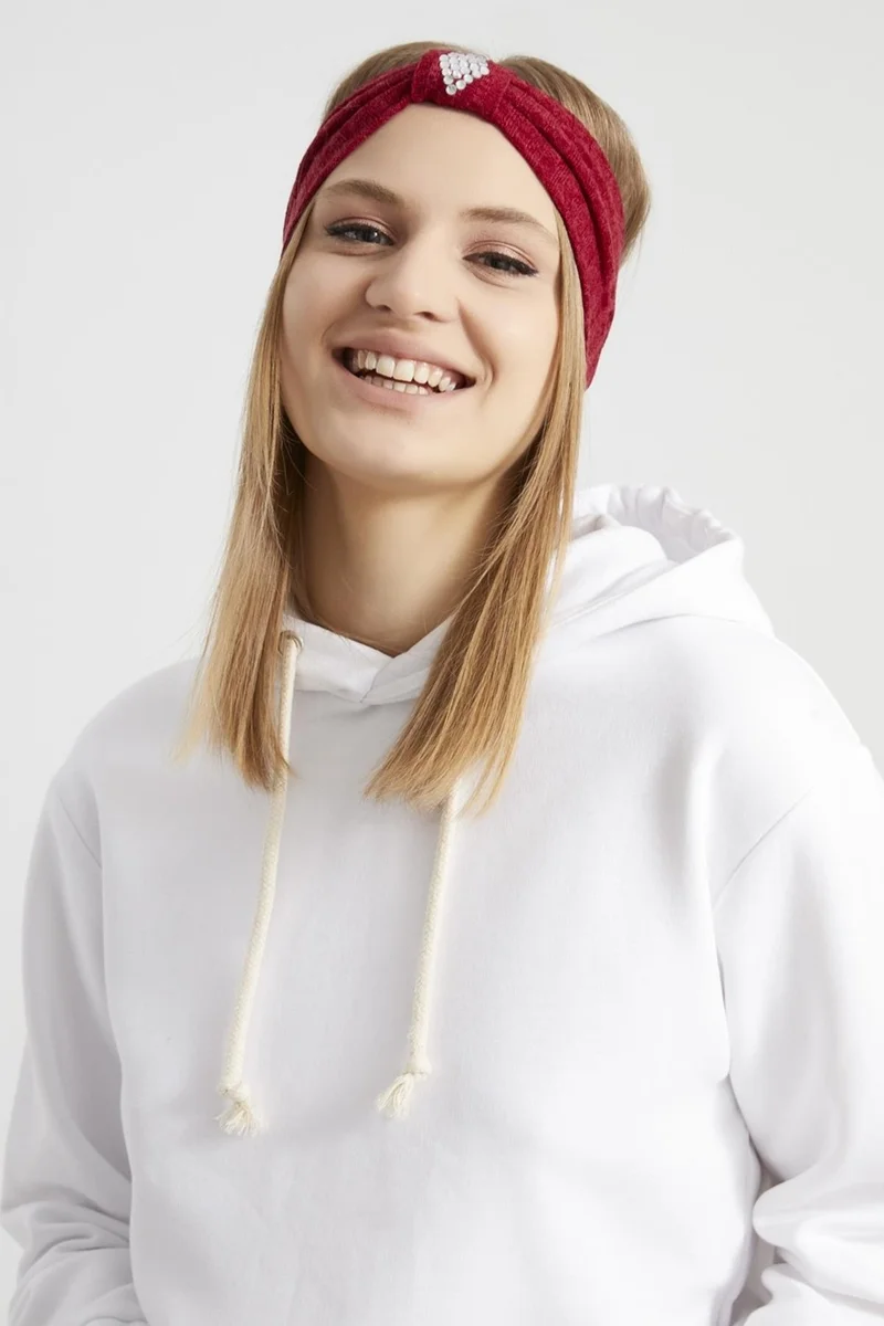 Butikgiz Handmade Claret Red Knitwear Boutique Stoned Women's Bandana Hair Band, Extra Soft Local Fabric, Stylish Comfortable Eye-Catching
