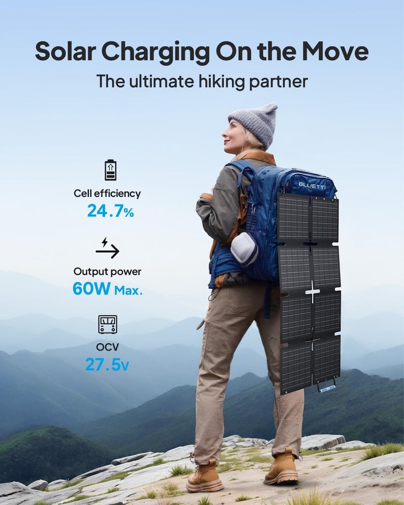 BLUETTI 60W Solar Panel, 60 Watt for Solar Generator Handsfree 1 Handsfree 2 AC2A, Foldable Solar Charger for Hiking, Camping, Travel - Image 2