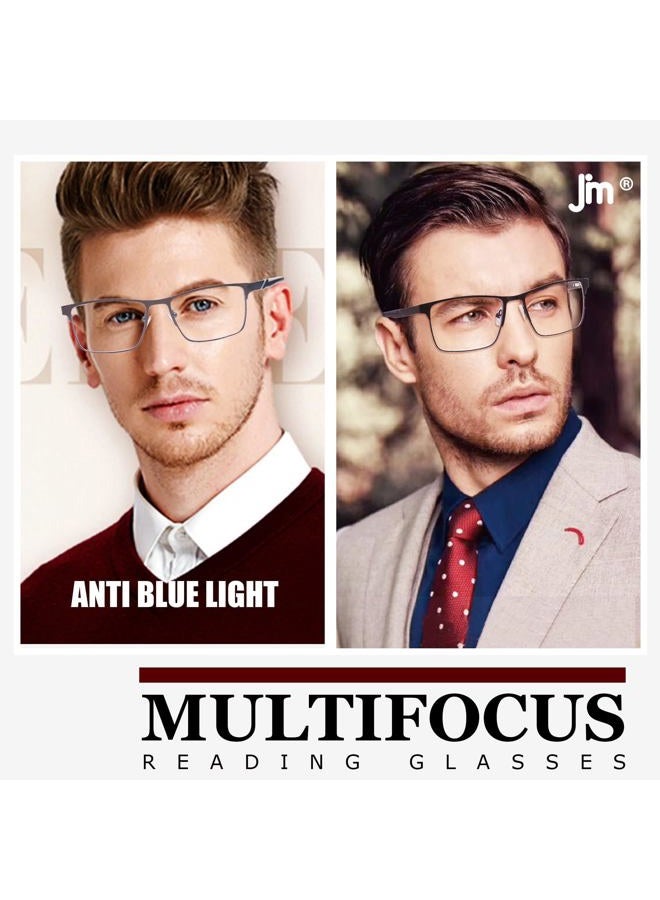 JM 2 Pack Progressive Multifocus Reading Glasses Men, Multifocal Transition Blue Light Readers No Line Metal Eyeglasses Frame with Spring Hinge (1.5X) - Image 2