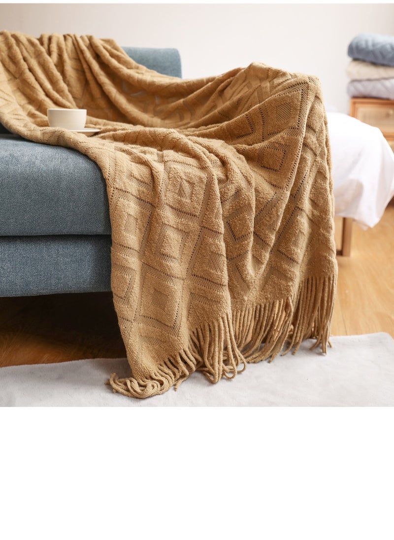 Loquat Solid Color Tassel Design Jacquard Weave Knitted Soft Throw Blanket Camel 