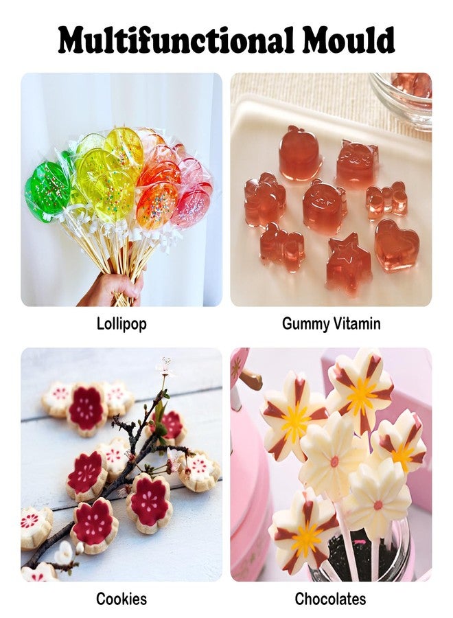 WATUNID 4 Pack Silicone Lollipop Molds, Chocolate Hard Candy Mold Baking Tool 8 and 12 Holes Set, Flower Mold with 100PCS Lollypop Sticks, Gold Ties, Treat Bags - Image 5