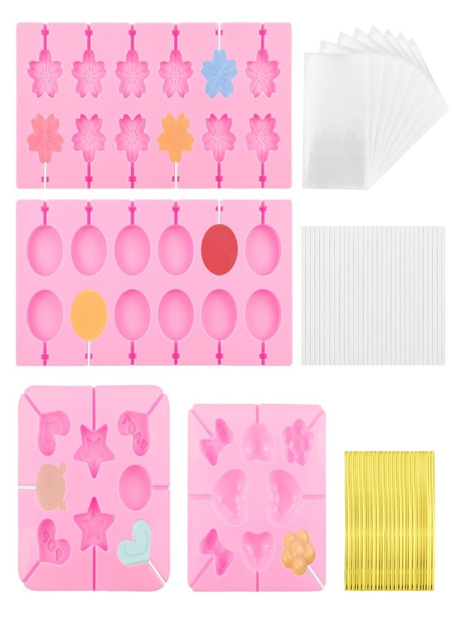 WATUNID 4 Pack Silicone Lollipop Molds, Chocolate Hard Candy Mold Baking Tool 8 and 12 Holes Set, Flower Mold with 100PCS Lollypop Sticks, Gold Ties, Treat Bags - Image 1