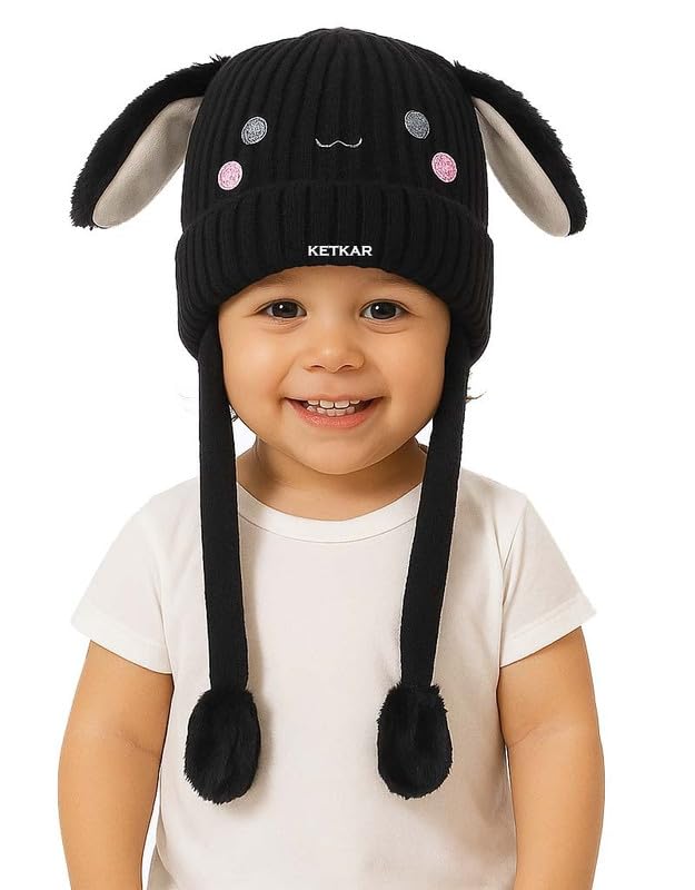 KETKAR Bunny Cap with Moving Ears for Kids (1–10 Yrs) | Plush Wool Winter Hat | Cute Girls Headwear & Funny Cap_Black - Image 2