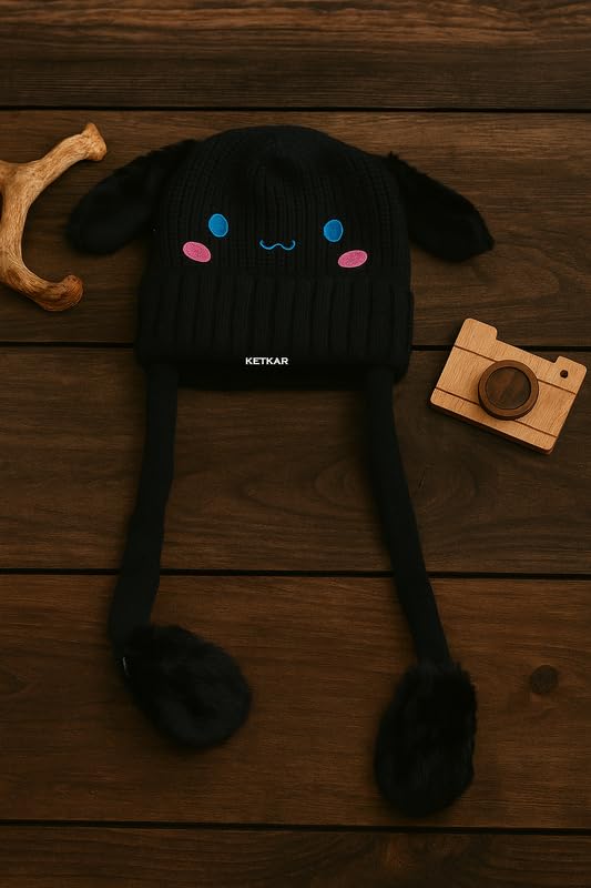 KETKAR Bunny Cap with Moving Ears for Kids (1–10 Yrs) | Plush Wool Winter Hat | Cute Girls Headwear & Funny Cap_Black - Image 5