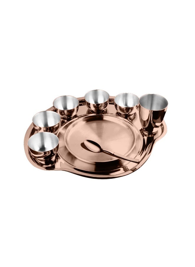 Shri & Sam Stainless Steel Thali Set with 5 Katori, 1 Glass, 1 Spoon - Rosegold PVD Coating - Image 1