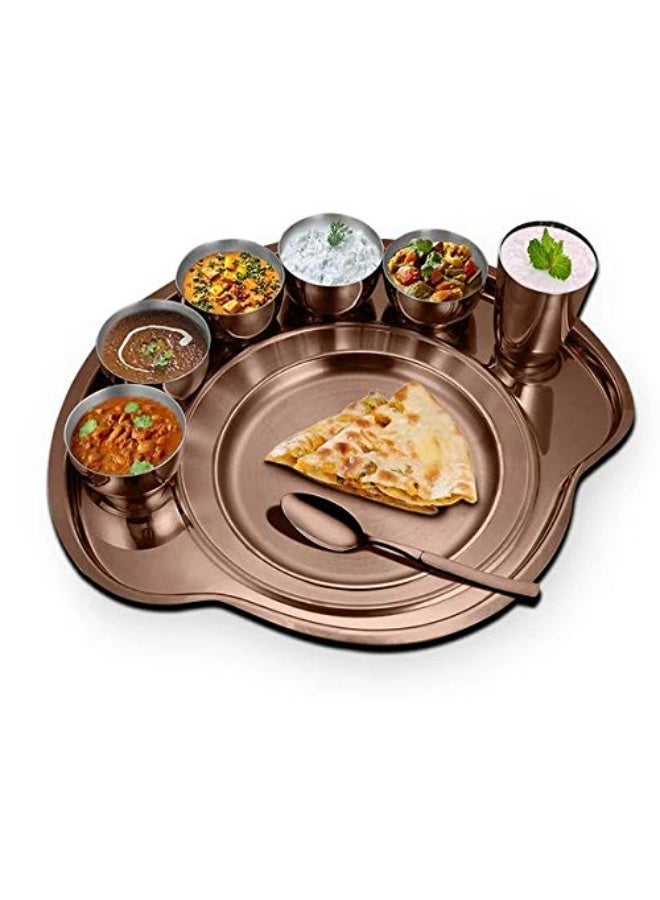 Shri & Sam Stainless Steel Thali Set with 5 Katori, 1 Glass, 1 Spoon - Rosegold PVD Coating - Image 2