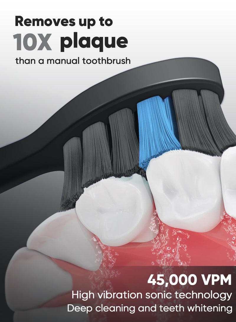 MySmile DY156 Electric Toothbrush for Adults, Rechargeable Sonic Battery Toothbrush Portable with 3 Brush Heads, 2 Mins 5 Modes Smart Timer, 45000VPM, One Charge for 60 Days (Black, M) - Image 2