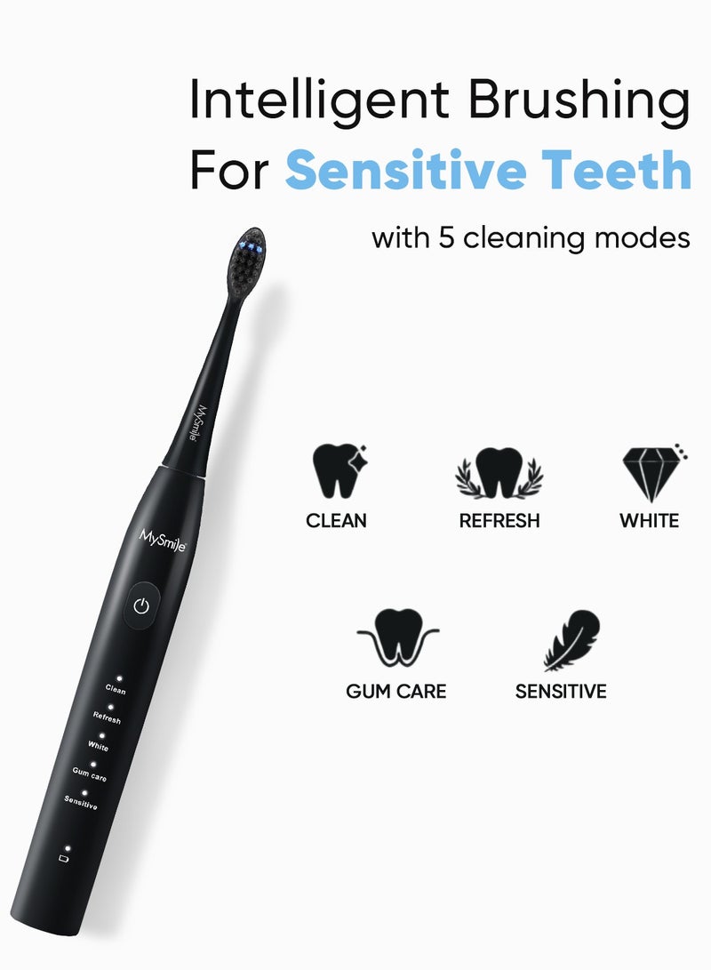 MySmile DY156 Electric Toothbrush for Adults, Rechargeable Sonic Battery Toothbrush Portable with 3 Brush Heads, 2 Mins 5 Modes Smart Timer, 45000VPM, One Charge for 60 Days (Black, M) - Image 3