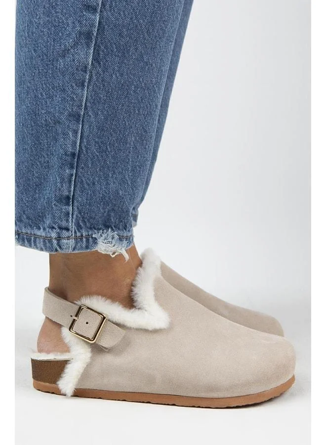 Holly Fur Women's Genuine Leather Belted Buckle Open Beige Sandal.