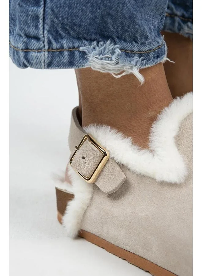 Manijero  Holly Fur Women's Genuine Leather Belted Buckle Open Beige Sandal. for Women | Best Price UAE