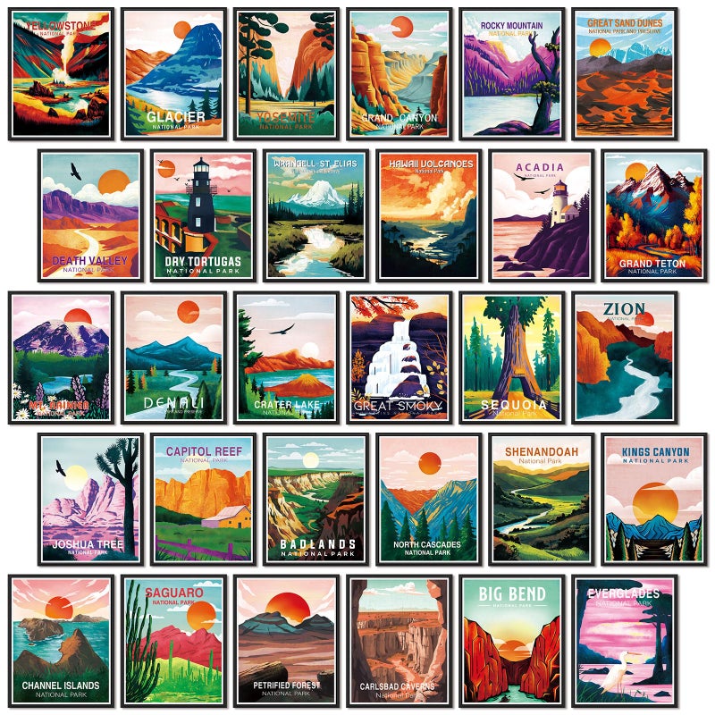 Teling 30 Pieces Vintage Poster Set National Parks Nature Wall Art Travel Prints Wall Art and Mountain Print Posters Unframed for Home Living Room Bedroom Bathroom Decor(Stylish Color,Watercolor) - Image 1
