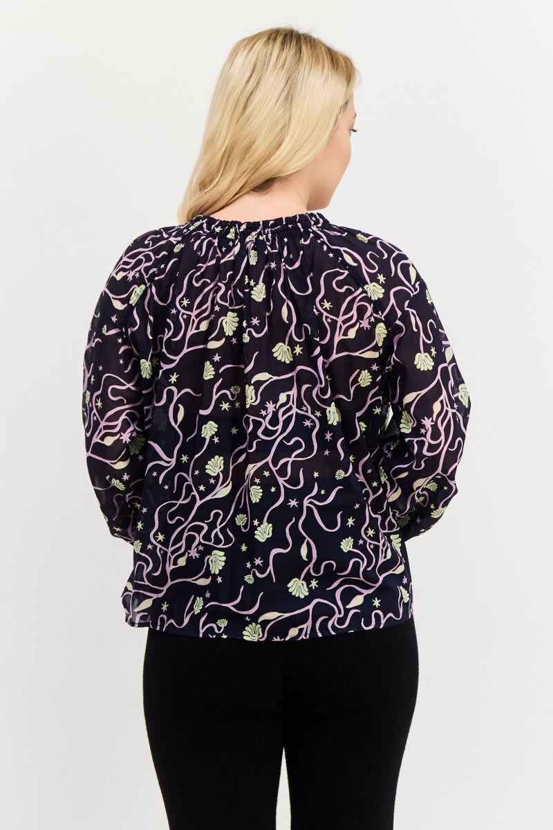 Scotch & Soda Women Tie Neckline Allover Print Long Sleeve Top, Navy Blue - Image 4