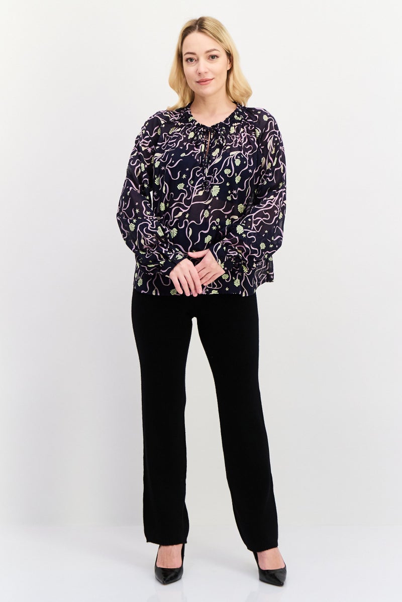 Scotch & Soda Women Tie Neckline Allover Print Long Sleeve Top, Navy Blue - Image 3