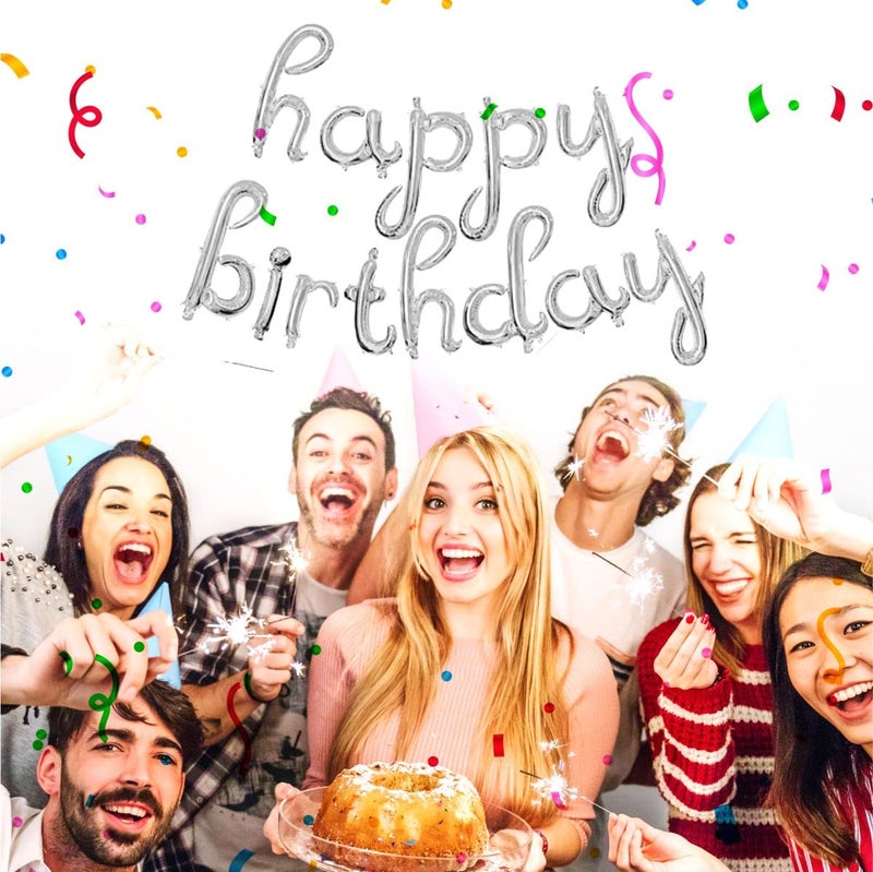 Crackles Cursive Foil Letters Handwriting Design Script happy birthday Foil Balloon (Silver) - Image 5
