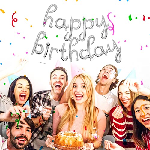 Crackles Cursive Foil Letters Handwriting Design Script happy birthday Foil Balloon (Silver) - Image 1