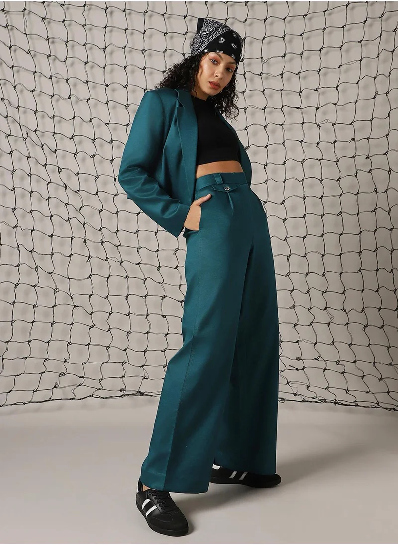 هوبرهولمي Women's Deep Teal Cotton Blend Solid Full Length Chinos Wide Leg Trouser