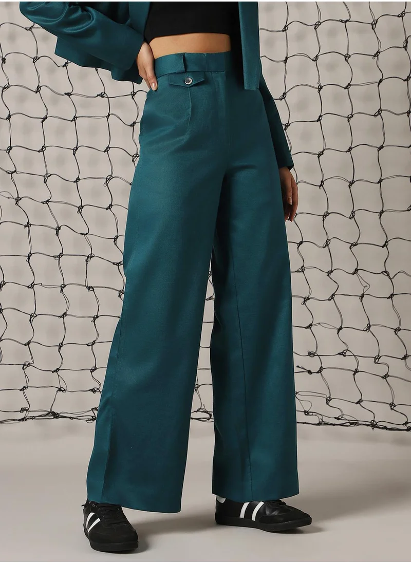 هوبرهولمي Women's Deep Teal Cotton Blend Solid Full Length Chinos Wide Leg Trouser