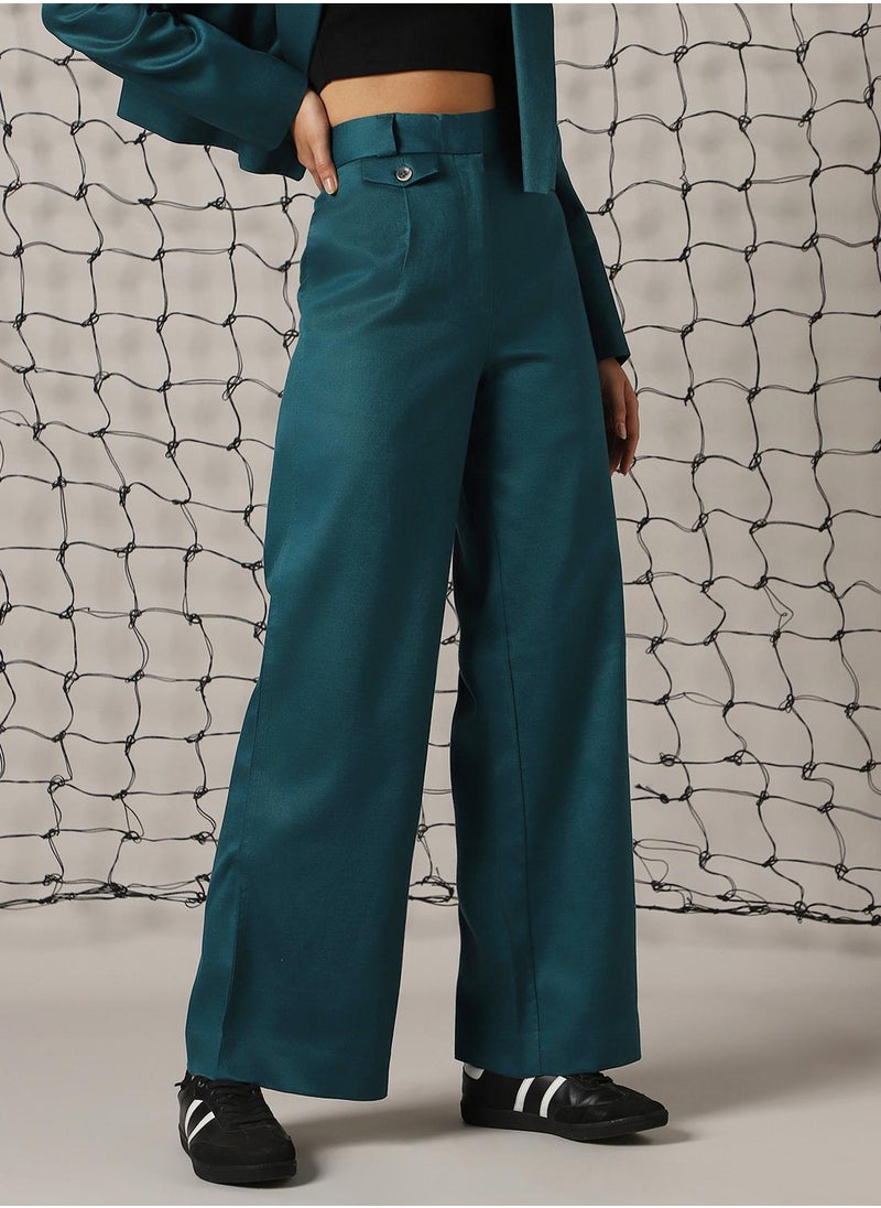 Hubberholme - Women's Deep Teal Cotton Blend Solid Full Length Chinos Wide Leg Trouser - Image 1