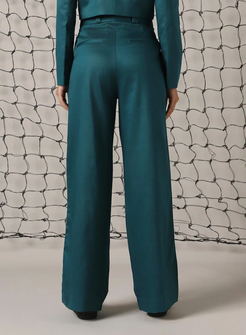 Hubberholme Women's Deep Teal Cotton Blend Solid Full Length Chinos Wide Leg Trouser
