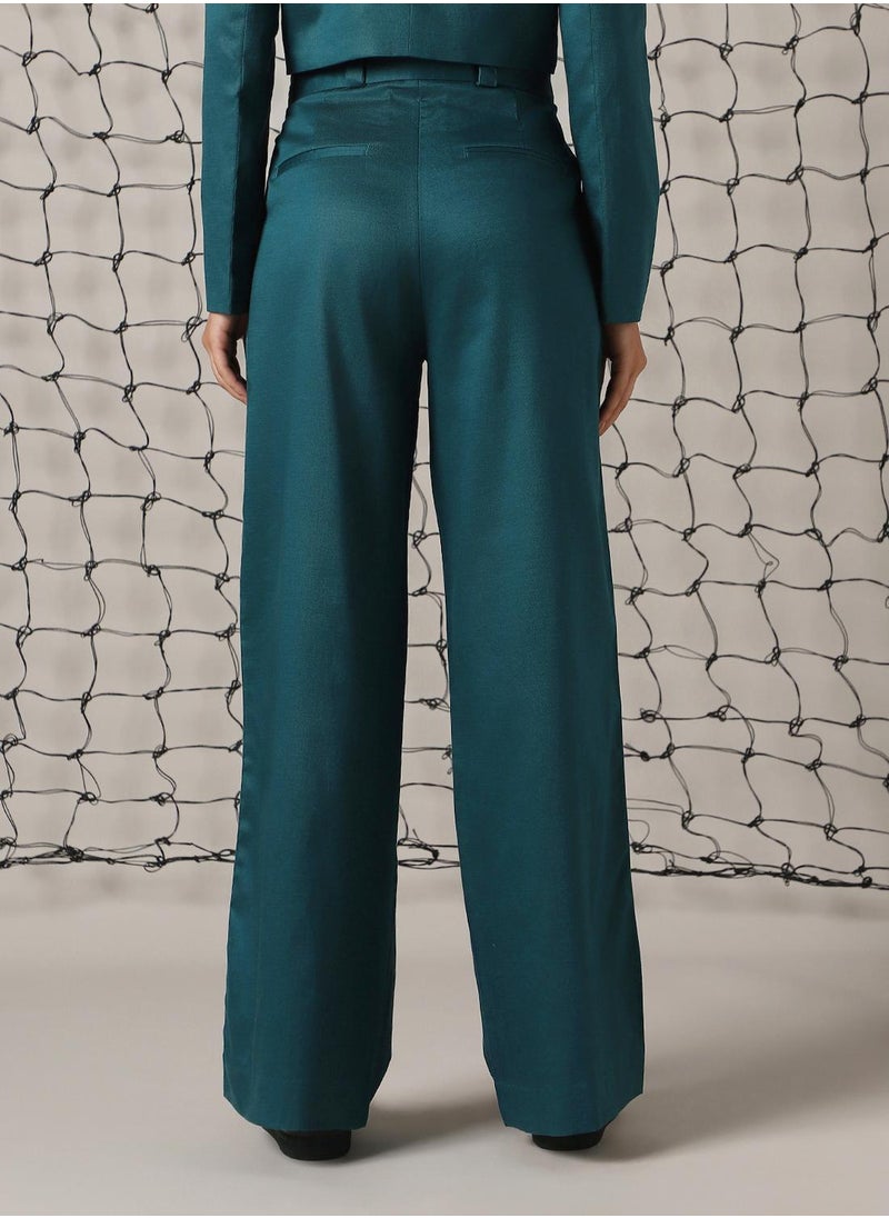 Hubberholme - Women's Deep Teal Cotton Blend Solid Full Length Chinos Wide Leg Trouser - Image 1