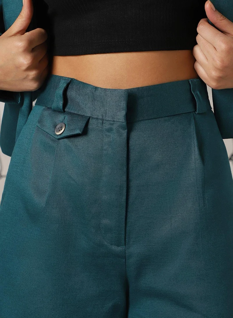 Hubberholme Women's Deep Teal Cotton Blend Solid Full Length Chinos Wide Leg Trouser