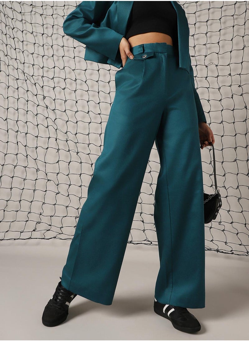 Hubberholme - Women's Deep Teal Cotton Blend Solid Full Length Chinos Wide Leg Trouser - Image 1