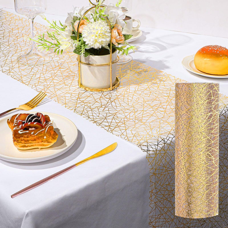 Coume Gold Metallic Table Runner 11 x 100 ft Christmas Glitter Gold Disposable Table Runner Mesh Centerpieces Decorations for Wedding Bridal Shower Birthday