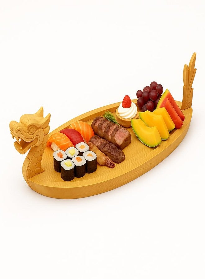 LEQC 27.6" Bamboo Dragon Sushi Boat – Hand-Carved Wooden Sushi Serving Tray for 30–40 pcs, Large Party & Restaurant Display Platter - Image 1