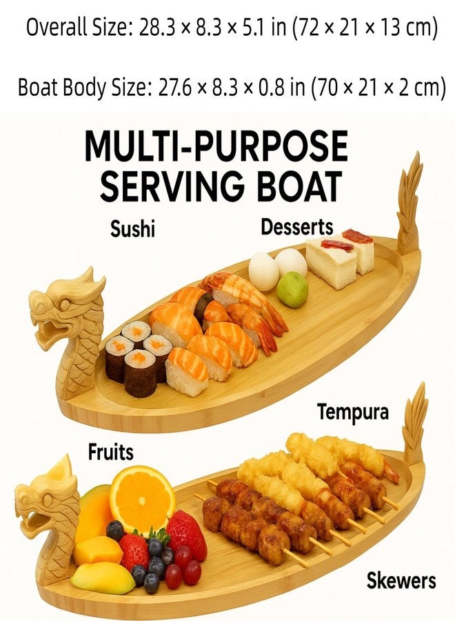 LEQC 27.6" Bamboo Dragon Sushi Boat – Hand-Carved Wooden Sushi Serving Tray for 30–40 pcs, Large Party & Restaurant Display Platter - Image 2