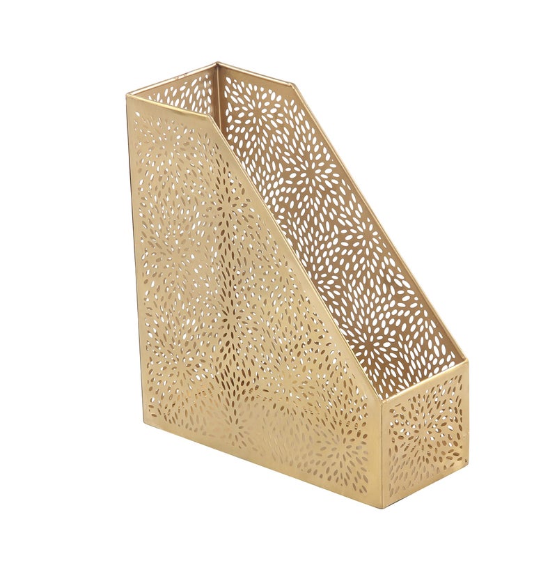 Deco 79 CosmoLiving by Cosmopolitan Metal Single Slot Magazine Holder with Laser Carved Floral Design, 5" x 10" x 12", Gold - Image 2