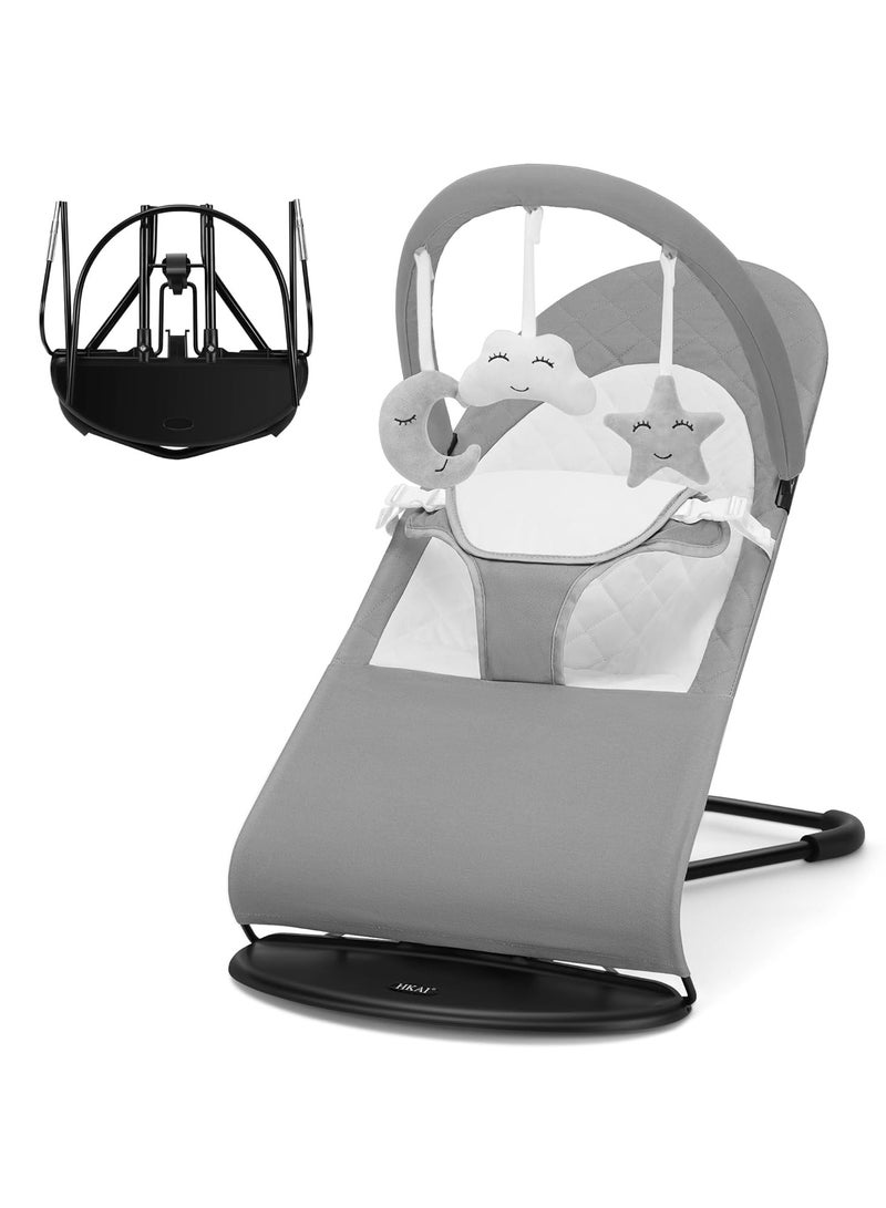 NNEWVANTE Baby Bouncer, Portable Baby Bouncer Seat for Babies 0-18 Months, 100% Cotton Fabrics, 3 Modes of use with Rocker and Stationary Options, Infant Rocker Chair with Hanging Toys-Light Grey - Image 1
