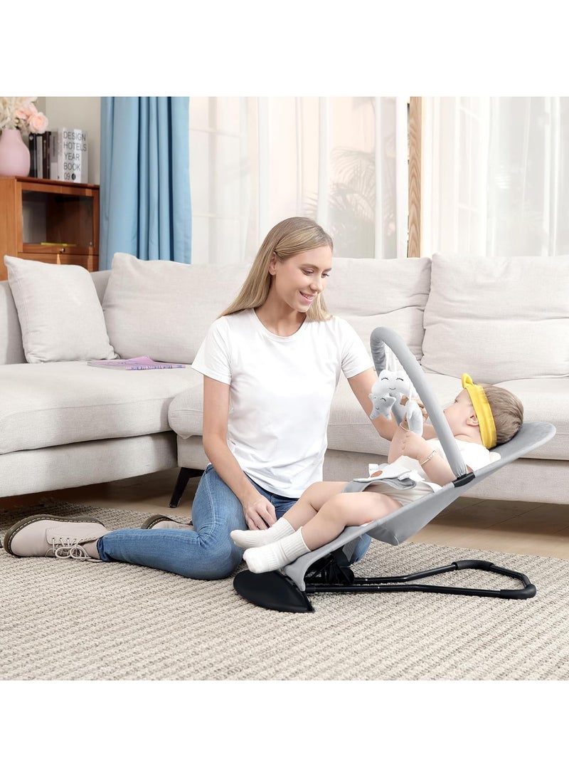 NNEWVANTE Baby Bouncer, Portable Baby Bouncer Seat for Babies 0-18 Months, 100% Cotton Fabrics, 3 Modes of use with Rocker and Stationary Options, Infant Rocker Chair with Hanging Toys-Light Grey - Image 2