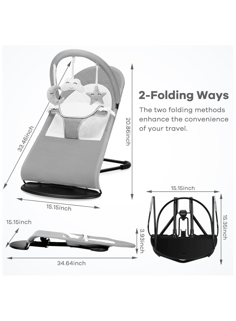 NNEWVANTE Baby Bouncer, Portable Baby Bouncer Seat for Babies 0-18 Months, 100% Cotton Fabrics, 3 Modes of use with Rocker and Stationary Options, Infant Rocker Chair with Hanging Toys-Light Grey - Image 3