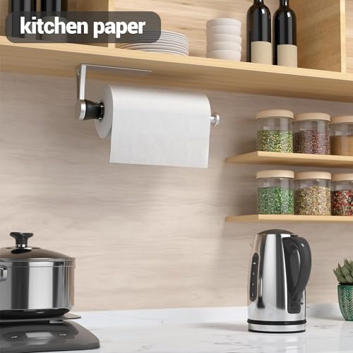 LOISVI Paper Towel Holder Under Cabinet with Damping Effect, Single-Hand Operable Wall Mount Paper Towel Holder for Kitchen/Bathroom, Under Counter Self-Adhesive/Drilled Kitchen Towel Holder - Image 3