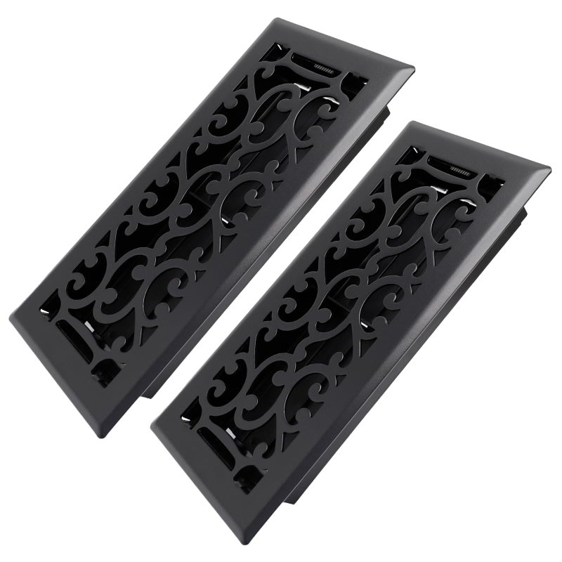 Howeall 4x10 Inches 2 Pack Heavy Duty Walkable Floor Register - Easy Adjust Air Supply Lever Decorative Floor Vent Covers - Savannah Design Vent Covers for Home - Matte Black - Image 1