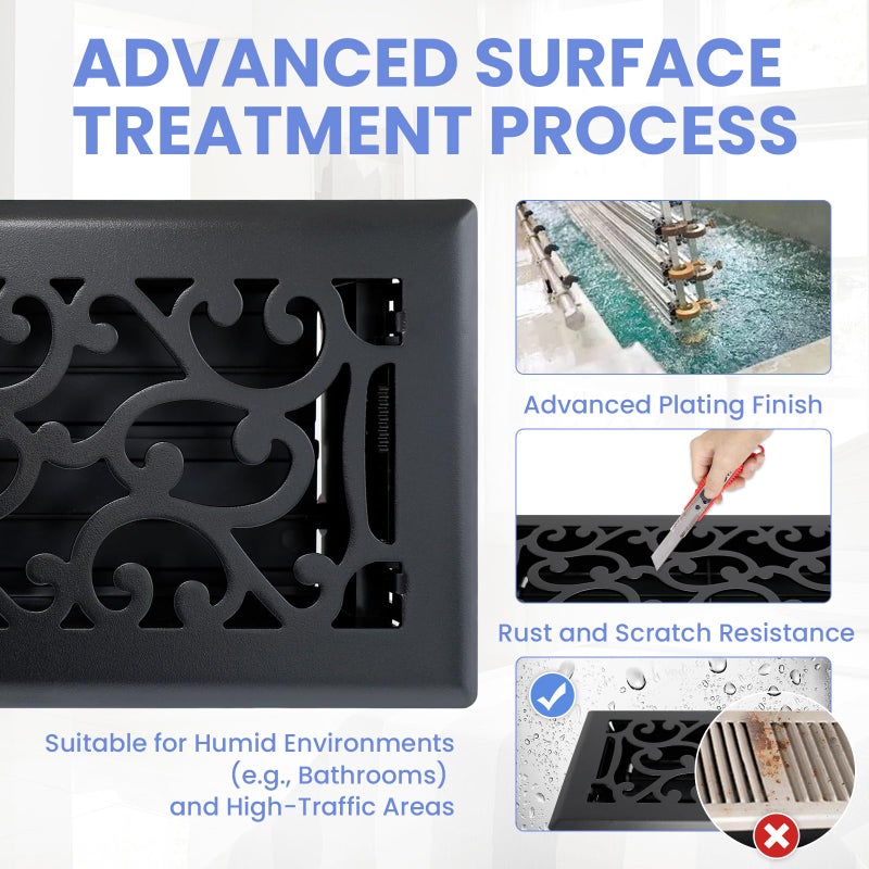 Howeall 4x10 Inches 2 Pack Heavy Duty Walkable Floor Register - Easy Adjust Air Supply Lever Decorative Floor Vent Covers - Savannah Design Vent Covers for Home - Matte Black - Image 3