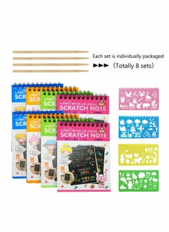 KASTWAVE 8 Pack Scratch Notebooks, Rainbow Scratch Note Combo Art Set, Magic Scratch Painting & Sketch Art Notes Drawing Notepads for Kids - Includes Drawing Stencil and Wooden Stylu with Each Note  - Image 3