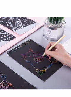 KASTWAVE 8 Pack Scratch Notebooks, Rainbow Scratch Note Combo Art Set, Magic Scratch Painting & Sketch Art Notes Drawing Notepads for Kids - Includes Drawing Stencil and Wooden Stylu with Each Note  - Image 5