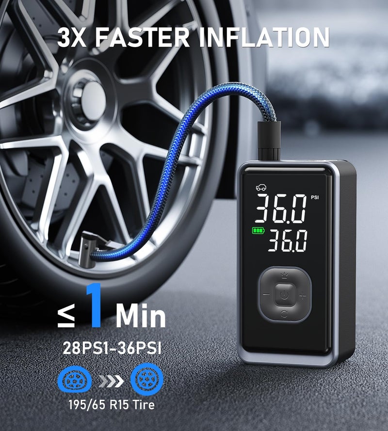 Pumptiva Tire Inflator Portable Air Compressor, 150PSI Cordless Mini Air Pump with Digital Pressure, Bike Pump, 3X Fast Inflation Tire Inflator for Car, Motorcycle, Bike, Ball-LED Light and Auto Shut-Off - Image 2