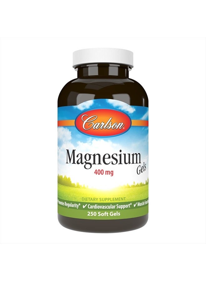 Carlson Magnesium Gels, 400 mg of Magnesium per Softgel, Heart & Muscle Support, Magnesium Gel Caps, Bowel Function, Magnesium Supplement, 250 Softgels - Image 1