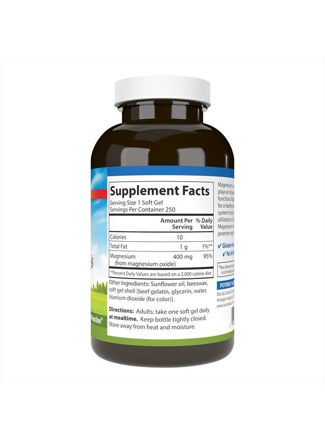 Carlson Magnesium Gels, 400 mg of Magnesium per Softgel, Heart & Muscle Support, Magnesium Gel Caps, Bowel Function, Magnesium Supplement, 250 Softgels - Image 2