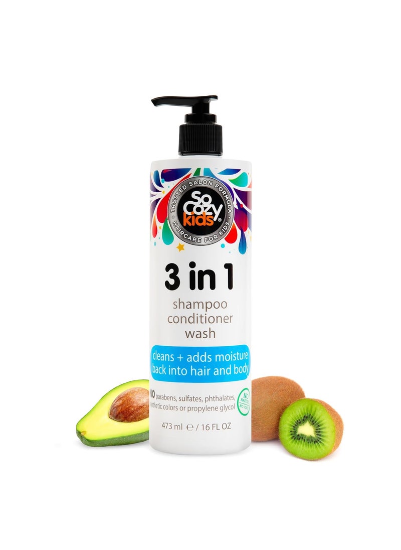 SO COZY SoCozy 3 in 1 Kids Shampoo  Conditioner  Body Wash 16 Fl Oz Gentle Hydrating Hair  Body Cleanser with Keratin Vitamin B5  Kiwi Extract Paraben  SulfateFree 